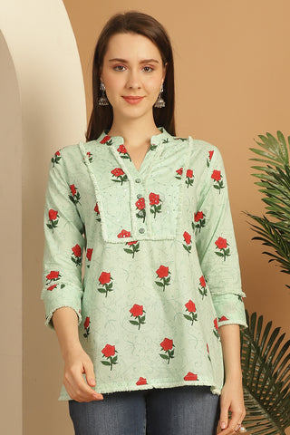 Light Green Pure Cotton Floral Printed Short Top