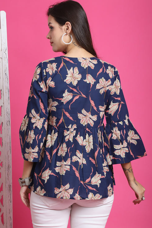 Blue Pure Cotton Floral Printed Short Top