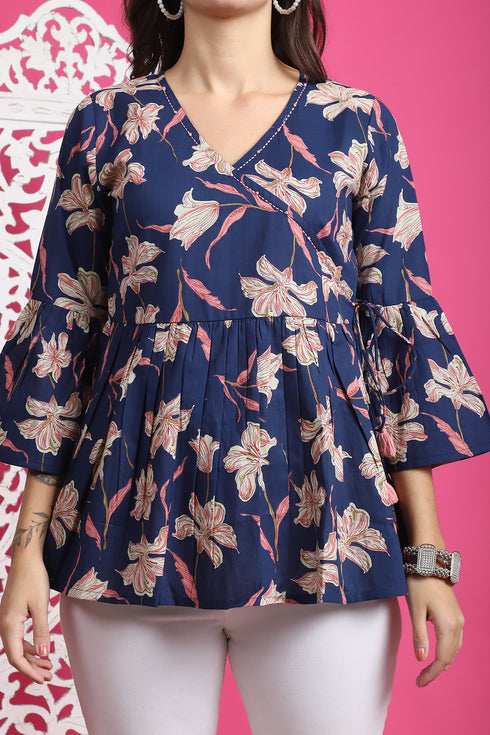 Blue Pure Cotton Floral Printed Short Top