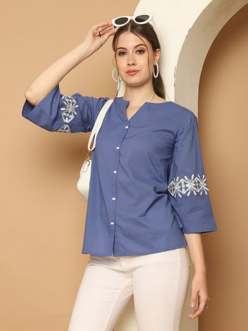 Blue Pure Cotton Embroidered Short Top
