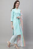 Light Green Pure Cotton Jaipuri Printed Kurta Set With Dupatta