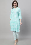 Light Green Pure Cotton Jaipuri Printed Kurta Set With Dupatta