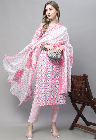 Light Pink Pure Cotton Jaipuri Printed And Embroidered Kurta Set With Dupatta