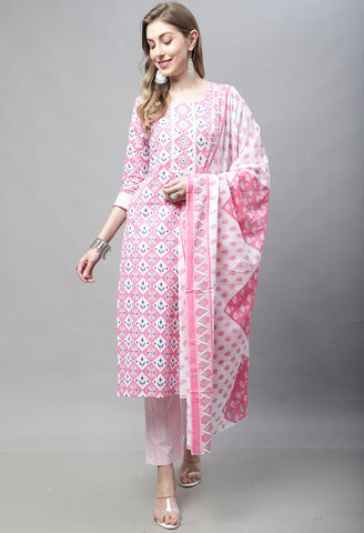 Light Pink Pure Cotton Jaipuri Printed And Embroidered Kurta Set With Dupatta