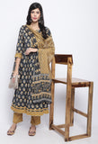 Grey & Mustard  Pure Cotton Jaipuri Printed And Embroidered Kurta Set With Dupatta