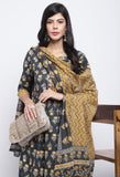 Grey & Mustard  Pure Cotton Jaipuri Printed And Embroidered Kurta Set With Dupatta