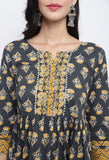 Grey & Mustard  Pure Cotton Jaipuri Printed And Embroidered Kurta Set With Dupatta