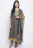 Grey & Mustard  Pure Cotton Jaipuri Printed And Embroidered Kurta Set With Dupatta