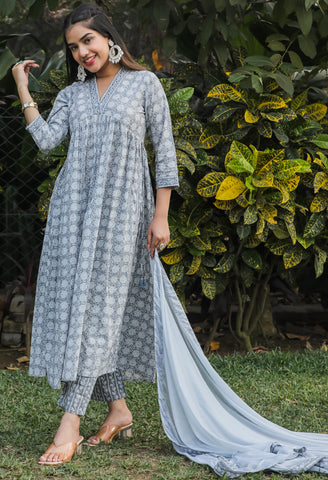 Pure Cotton Jaipuri Printed And Embroidered Kurta Set With Dupatta