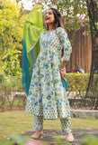 Pure Cotton Jaipuri Printed & Embroidered Kurta Set With Dupatta