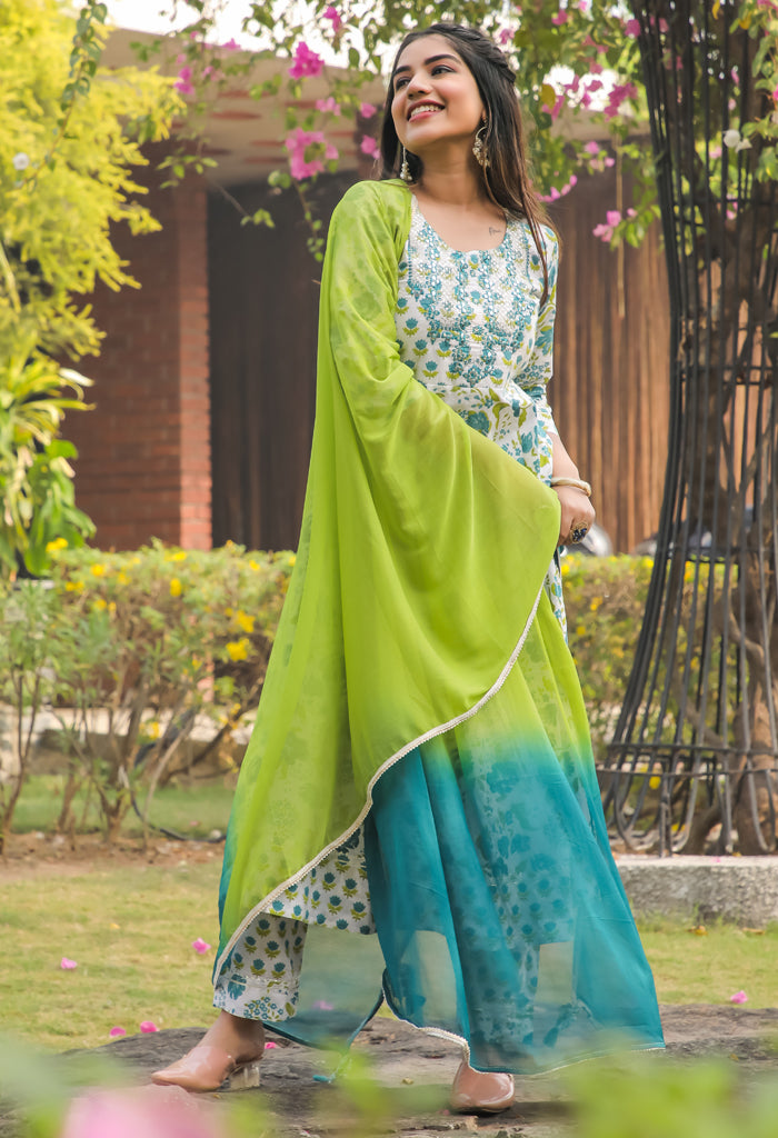 Pure Cotton Jaipuri Printed & Embroidered Kurta Set With Dupatta