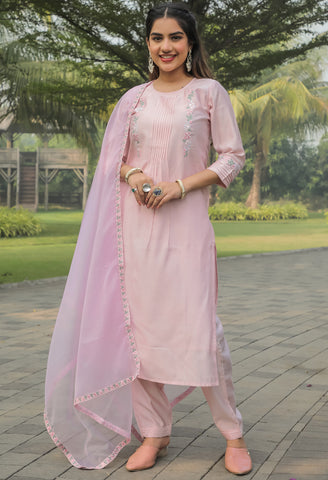 Pink Silk Embroidered Kurta Set With Dupatta