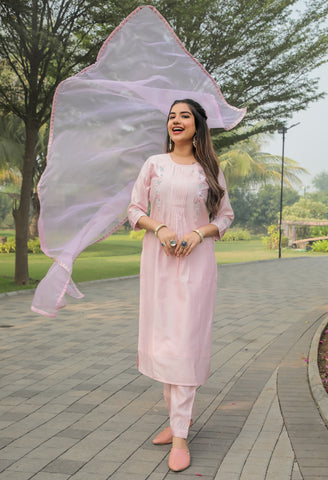 Pink Silk Embroidered Kurta Set With Dupatta