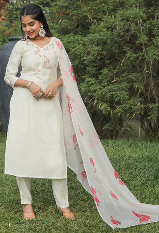 Cream Silk Embroidered Kurta Set With Dupatta