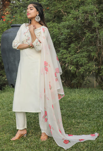 Cream Silk Embroidered Kurta Set With Dupatta