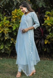 Sky Blue Poly Silk Embroidered Kurta Set With Dupatta