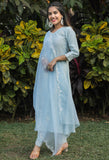 Sky Blue Poly Silk Embroidered Kurta Set With Dupatta