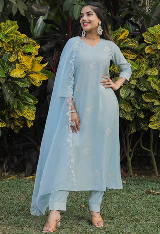 Sky Blue Poly Silk Embroidered Kurta Set With Dupatta