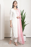 White Rayon Embroidered Straight Kurta & Pant With Dupatta