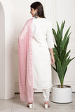 White Rayon Embroidered Straight Kurta & Pant With Dupatta