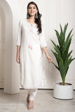 White Rayon Embroidered Straight Kurta & Pant With Dupatta