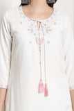 White Rayon Embroidered Straight Kurta & Pant With Dupatta