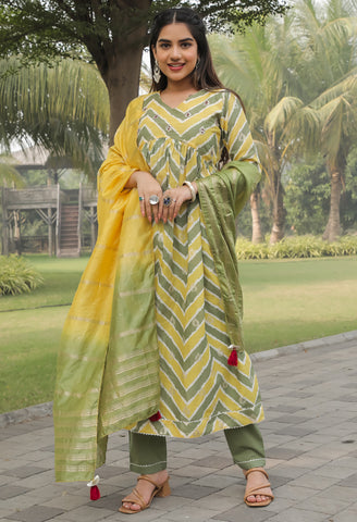 Yellow & Green Pure Cotton Jaipuri Printed And Embroidered Kurta Set With Dupatta