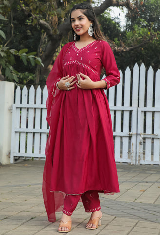 Pink Poly Silk Embroidered Kurta Set With Dupatta