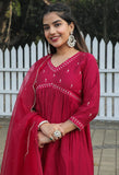 Pink Poly Silk Embroidered Kurta Set With Dupatta