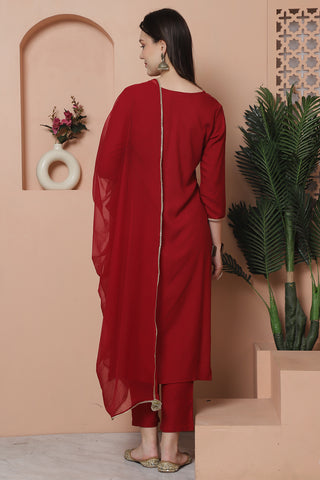 Maroon  Rayon Slub Embroidered Straight Kurta & Pant With Dupatta