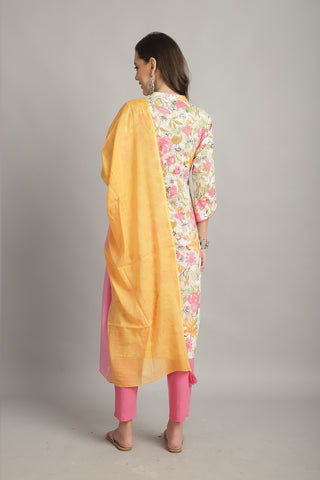 Multicolor Pure Cotton Embroidered Straight Kurta & Pant With Dupatta