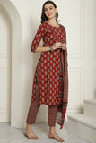 Maroon Pure Cotton Embroidered Straight Kurta & Pant With Dupatta