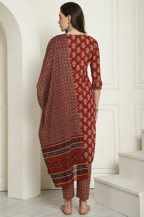 Maroon Pure Cotton Embroidered Straight Kurta & Pant With Dupatta