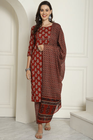 Maroon Pure Cotton Embroidered Straight Kurta & Pant With Dupatta