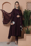 Wine Poly Silk Embroidered Anarkali Kurta & Pant With Dupatta