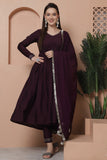 Wine Poly Silk Embroidered Anarkali Kurta & Pant With Dupatta