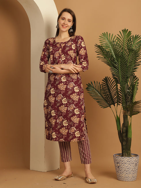 Wine & Beige Pure Cotton Embroidered Straight Kurta & Pant With Dupatta