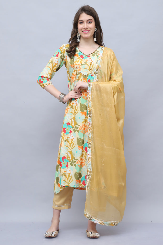 Multicolor Chinon Embroidered Anarkali Kurta & Pant With Dupatta