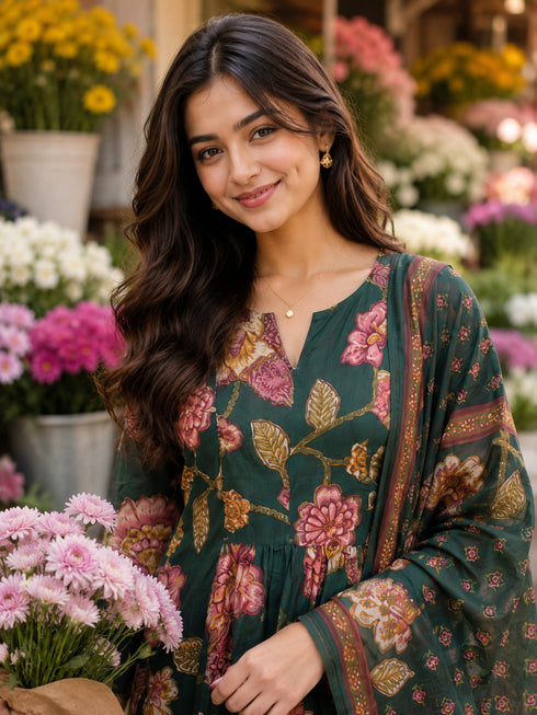 Green Cotton Floral Printed Kurta & Pant With Dupatta