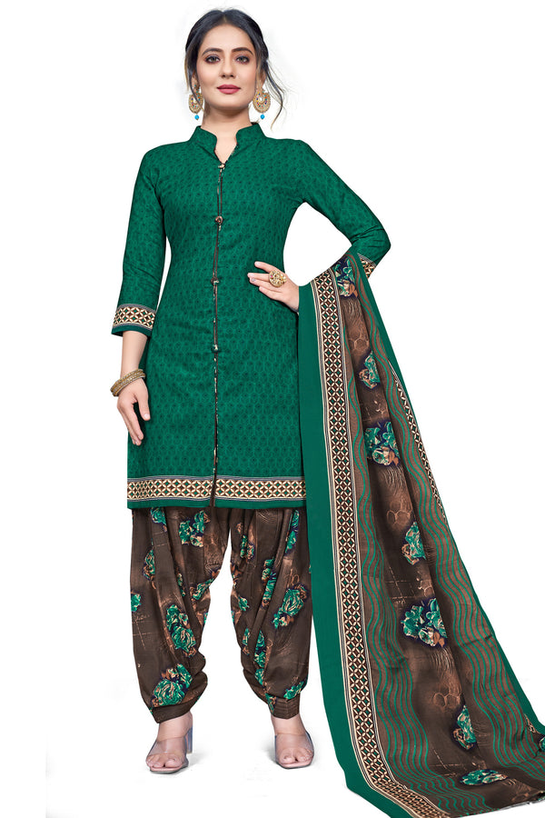 Green Cotton Blend Printed Unstitched Salwar Suit Material