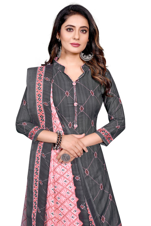 Grey Cotton Blend Printed Unstitched Salwar Suit Material