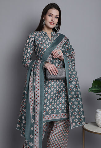 Light Green Polyester Cotton Printed Salwar Suit with Dupatta