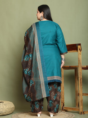 Green Cotton Blend Printed Plus Size Ready to Wear Patiala Salwar Suit