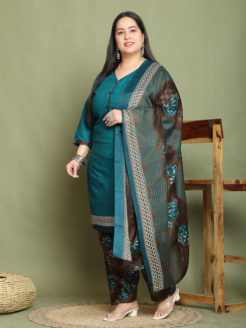 Green Cotton Blend Printed Plus Size Ready to Wear Patiala Salwar Suit