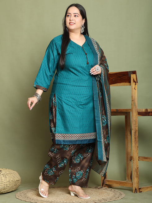 Green Cotton Blend Printed Plus Size Ready to Wear Patiala Salwar Suit
