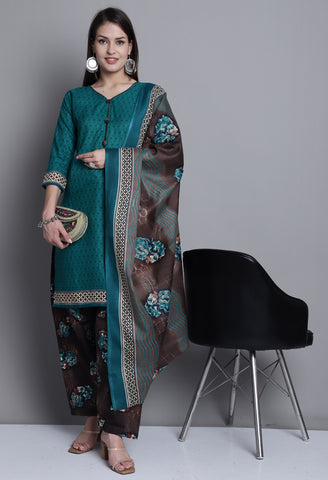 Green Polyester Cotton Printed Salwar Suit with Dupatta