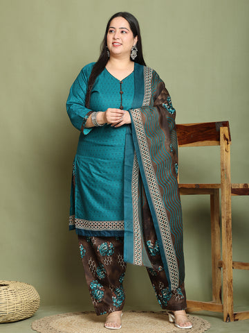 Green Cotton Blend Printed Plus Size Ready to Wear Patiala Salwar Suit