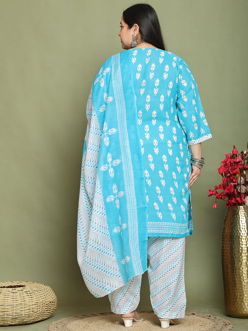 Teal Cotton Blend Printed Plus Size Ready to Wear Patiala Salwar Suit