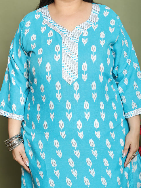 Teal Cotton Blend Printed Plus Size Ready to Wear Patiala Salwar Suit