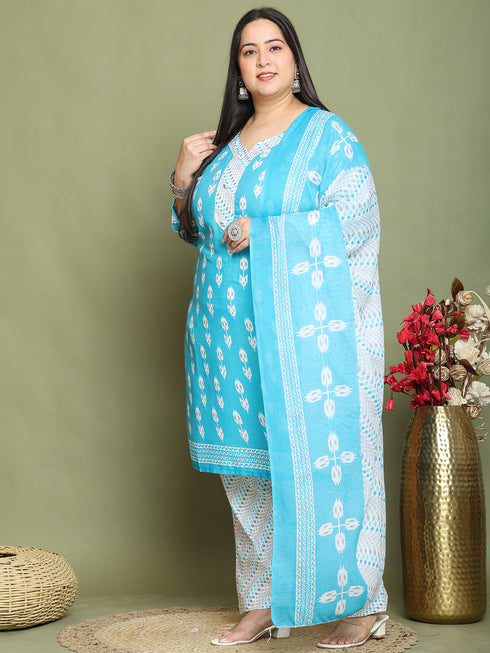 Teal Cotton Blend Printed Plus Size Ready to Wear Patiala Salwar Suit